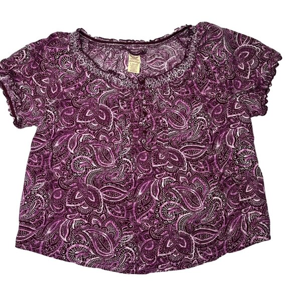 Large Faded Glory Purple Paisley Blouse With Ruffled Neckline & Short Sleeves - Picture 1 of 10